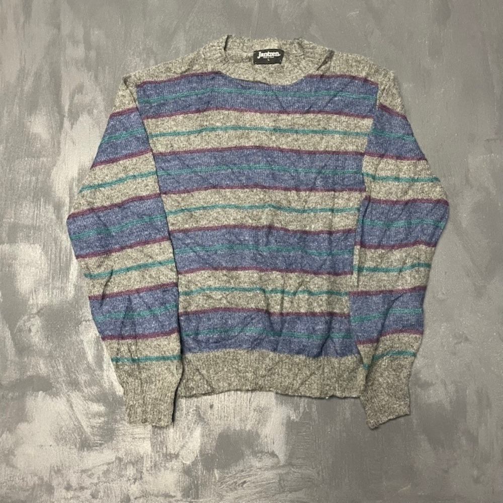Vintage Jantzen Sweater L Grey Blue 90s Good Striped Crewneck Knit USA Made